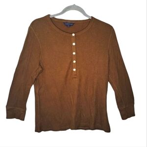 Lands' End Brown Thermal 3/4 Sleeve Henley Top Size Medium